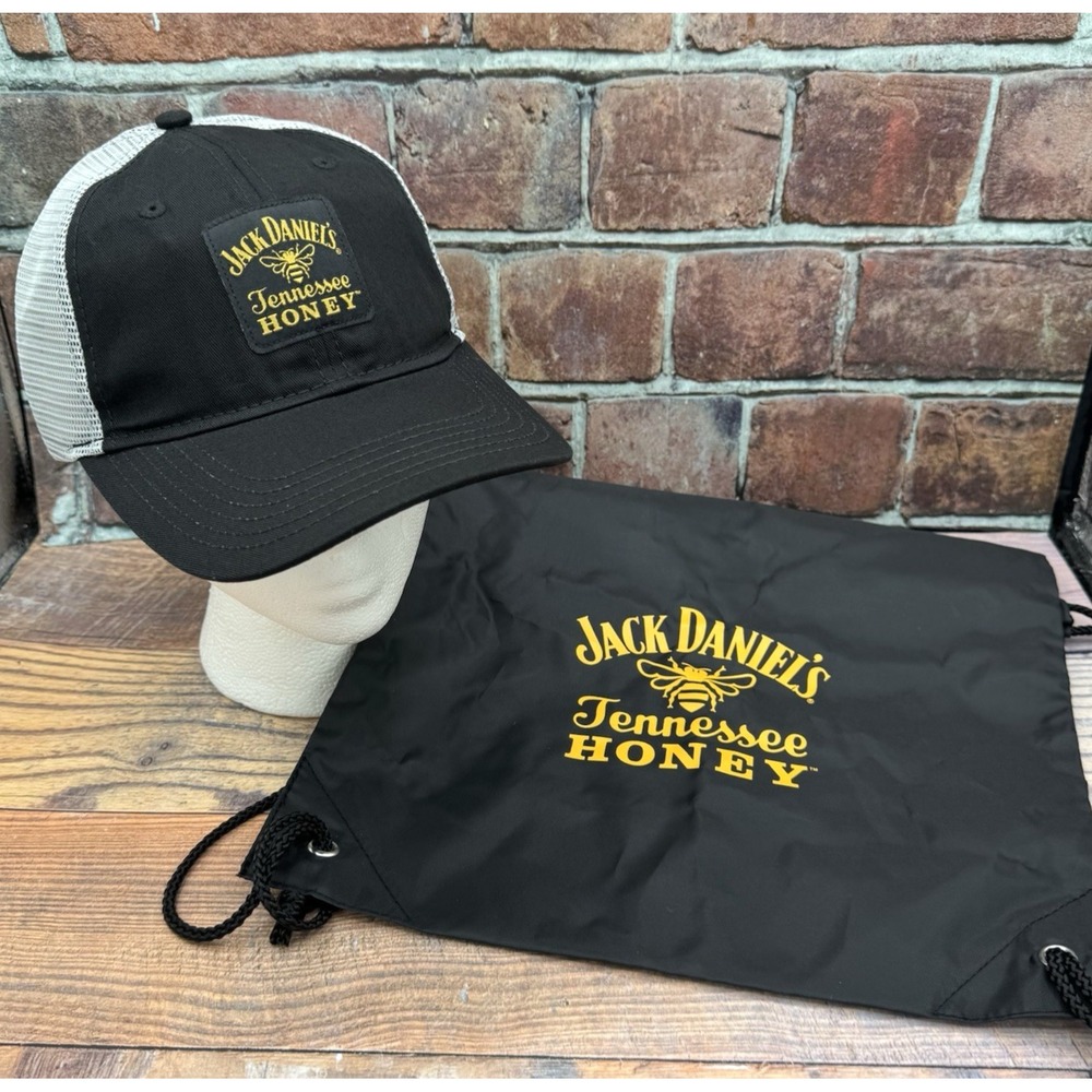 Jack Daniels Set Tennessee Honey Baseball Cap Hat Bee w Drawstring Bag NEW